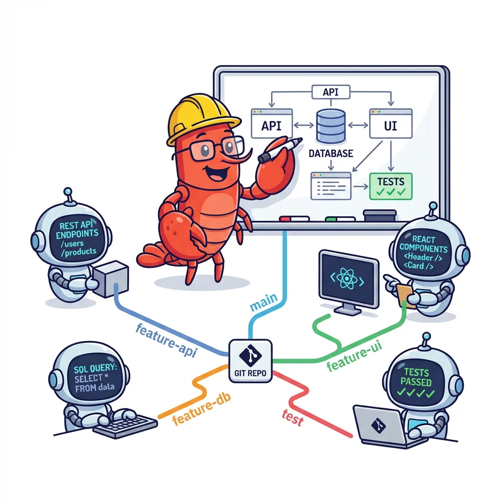 ClawTeam 软件开发场景——Leader 在白板画架构,Worker 各在独立 git 分支工作